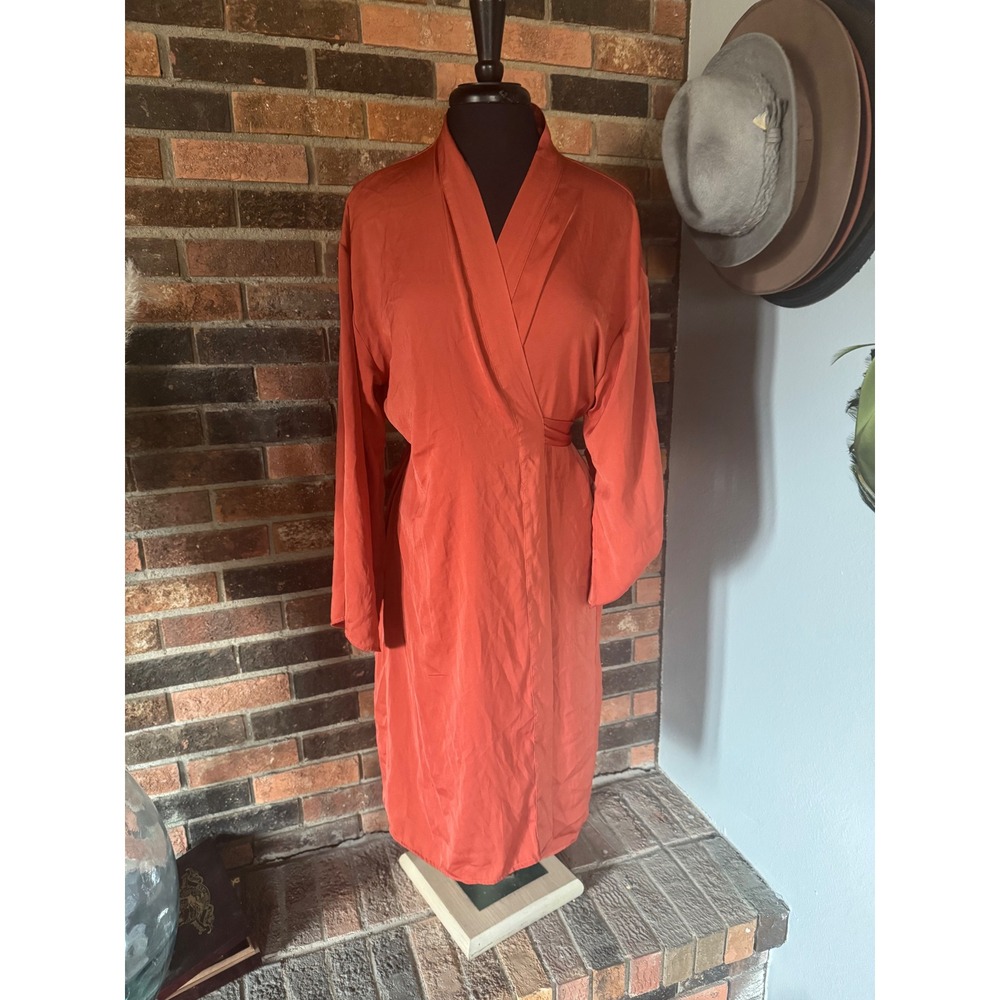 A New Day Burnt Orange Satin Wrap Robe OSFM Rust Long Sleeve Loungewear